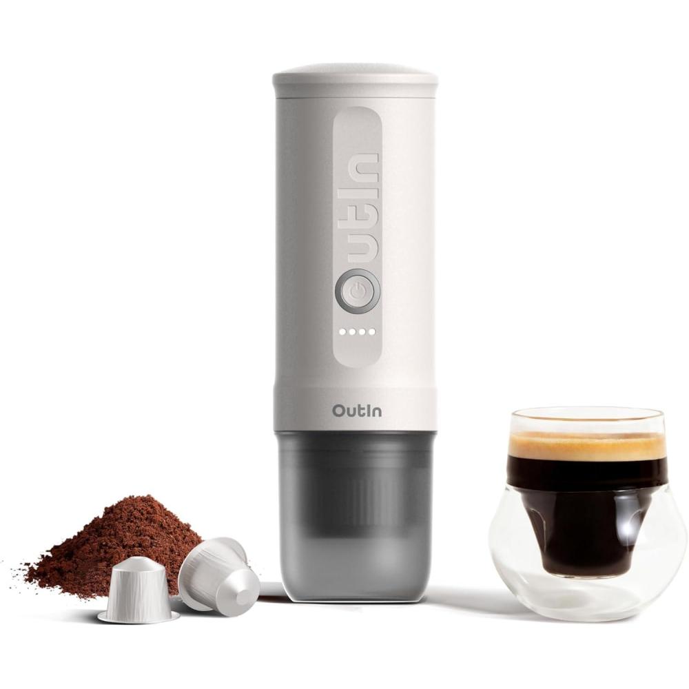 image:imageOutIn Nano Machine caf expresso lectrique portable Autochauffante avec Charge USBC Compatible Caf Moulu amp Capsules NS Idale pour Camping Voyage Randonne VRPearl White