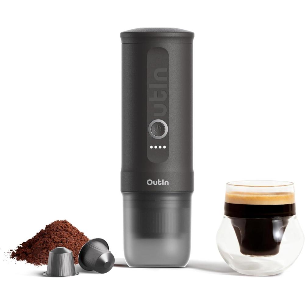 image:imageOutIn Nano Machine caf expresso lectrique portable Autochauffante avec Charge USBC Compatible Caf Moulu amp Capsules NS Idale pour Camping Voyage Randonne VRSpace Grey