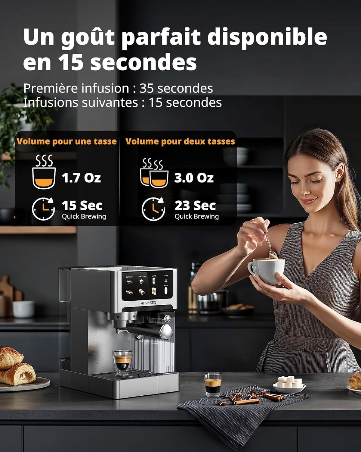 image:imageAIRMSEN Machine Espresso 20 Bar Cappuccino amp Latte Cafetire Machine a Cafe Double Chaudire 1350W amp 1000W Extraction en 15s Acier Inoxydable Amovible Rservoir dEau 18L cran TactileMousseur Lait Automatique
