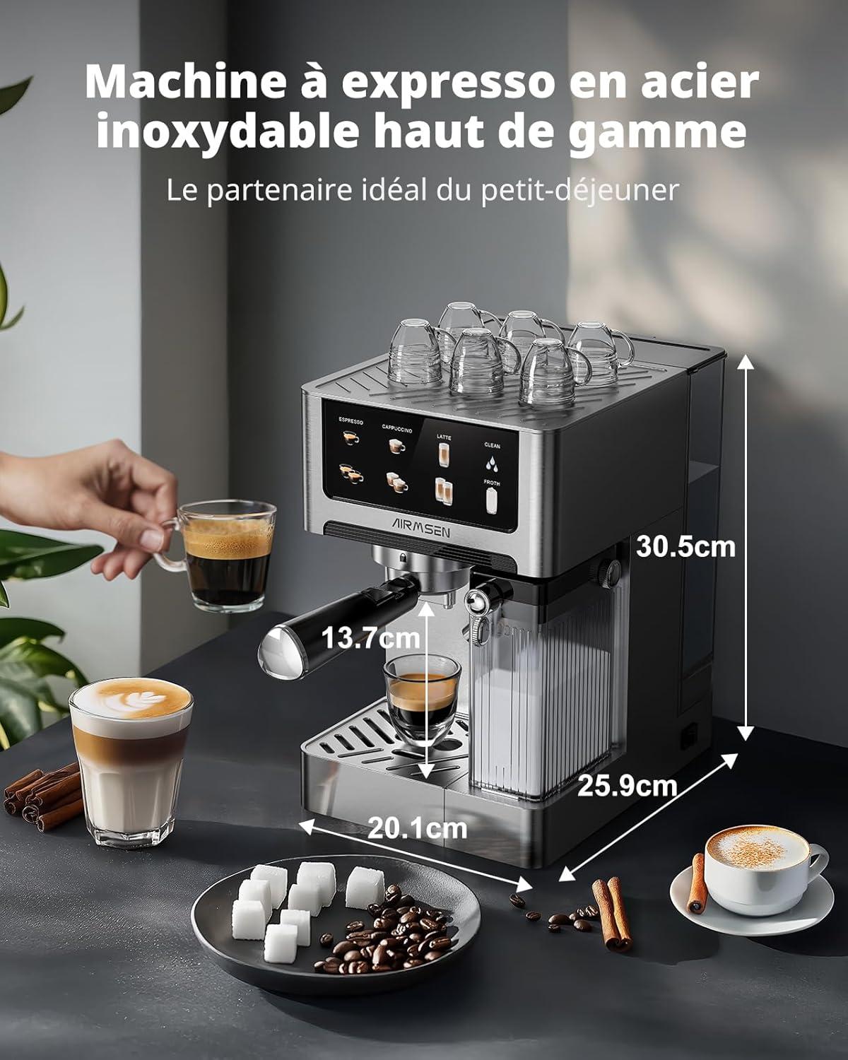 image:imageAIRMSEN Machine Espresso 20 Bar Cappuccino amp Latte Cafetire Machine a Cafe Double Chaudire 1350W amp 1000W Extraction en 15s Acier Inoxydable Amovible Rservoir dEau 18L cran TactileMousseur Lait Automatique
