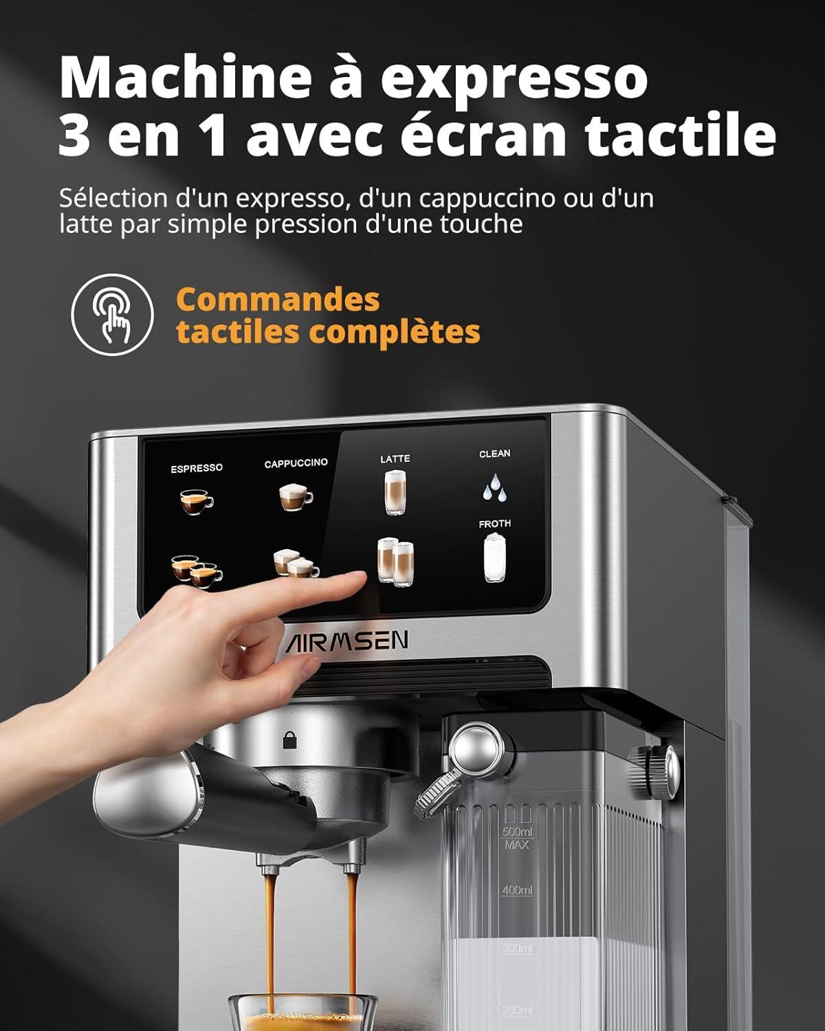 image:imageAIRMSEN Machine Espresso 20 Bar Cappuccino amp Latte Cafetire Machine a Cafe Double Chaudire 1350W amp 1000W Extraction en 15s Acier Inoxydable Amovible Rservoir dEau 18L cran TactileMousseur Lait Automatique