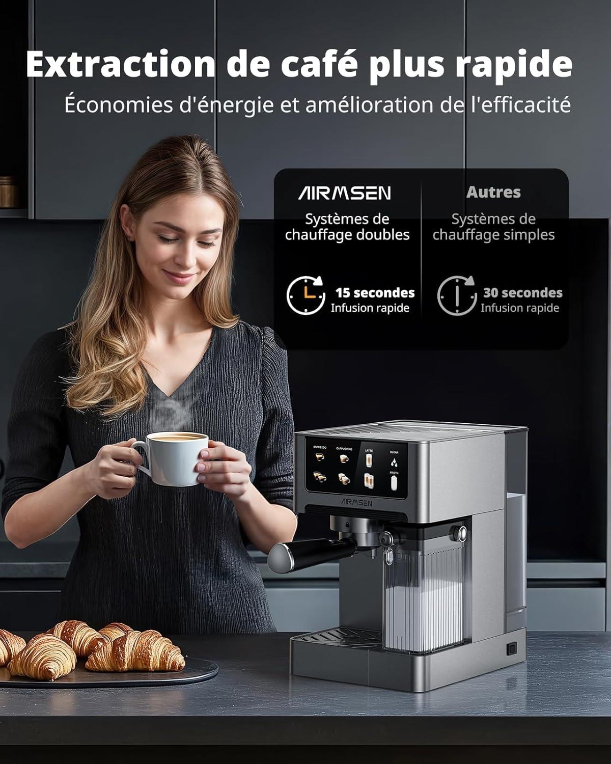 image:imageAIRMSEN Machine Espresso 20 Bar Cappuccino amp Latte Cafetire Machine a Cafe Double Chaudire 1350W amp 1000W Extraction en 15s Acier Inoxydable Amovible Rservoir dEau 18L cran TactileMousseur Lait Automatique