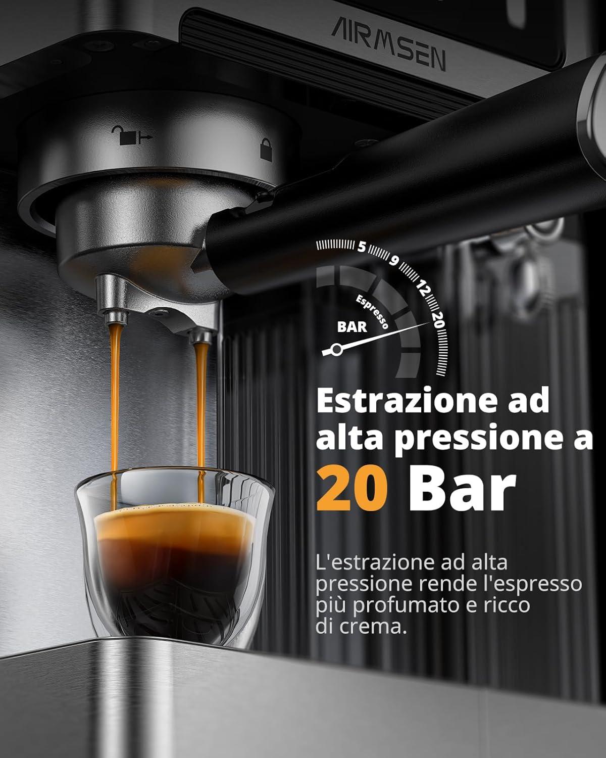 image:imageAIRMSEN Machine Espresso 20 Bar Cappuccino amp Latte Cafetire Machine a Cafe Double Chaudire 1350W amp 1000W Extraction en 15s Acier Inoxydable Amovible Rservoir dEau 18L cran TactileMousseur Lait Automatique