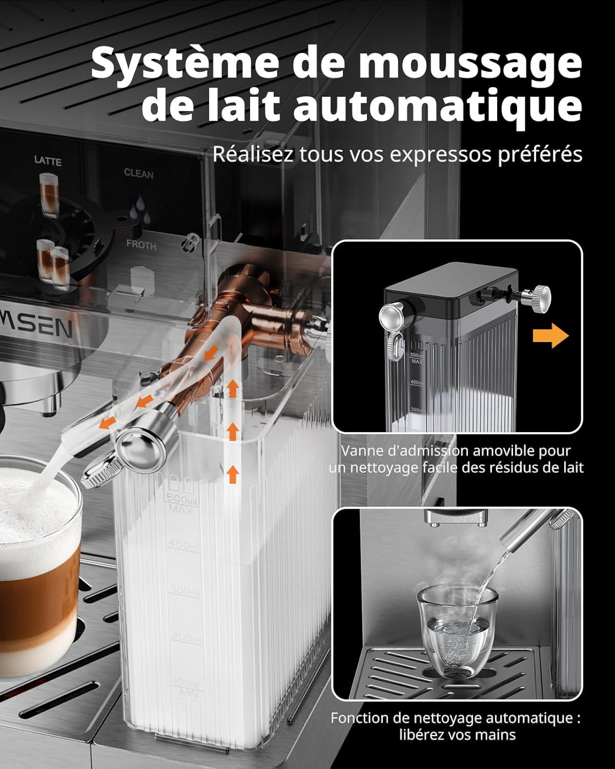 image:imageAIRMSEN Machine Espresso 20 Bar Cappuccino amp Latte Cafetire Machine a Cafe Double Chaudire 1350W amp 1000W Extraction en 15s Acier Inoxydable Amovible Rservoir dEau 18L cran TactileMousseur Lait Automatique