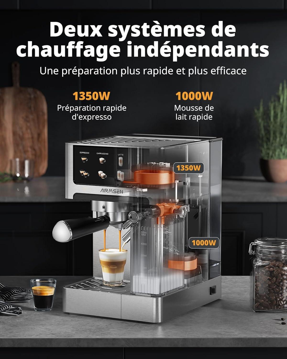 image:imageAIRMSEN Machine Espresso 20 Bar Cappuccino amp Latte Cafetire Machine a Cafe Double Chaudire 1350W amp 1000W Extraction en 15s Acier Inoxydable Amovible Rservoir dEau 18L cran TactileMousseur Lait Automatique