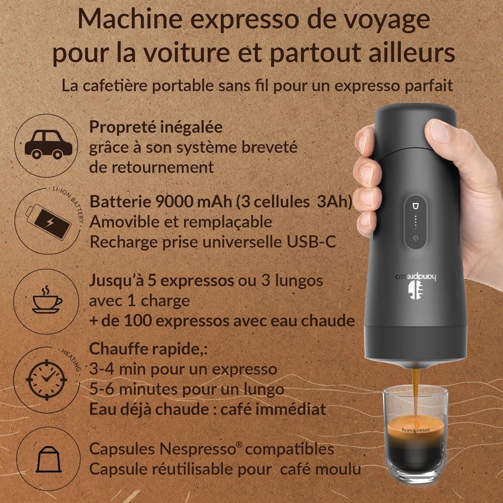 image:imageHandpresso Auto Machine caf expresso portable 19 bars pour voiture et voyage compatible capsule expressocapsule rutilisable Cafetire de voyage compacte sans fil et rechargeable USBC