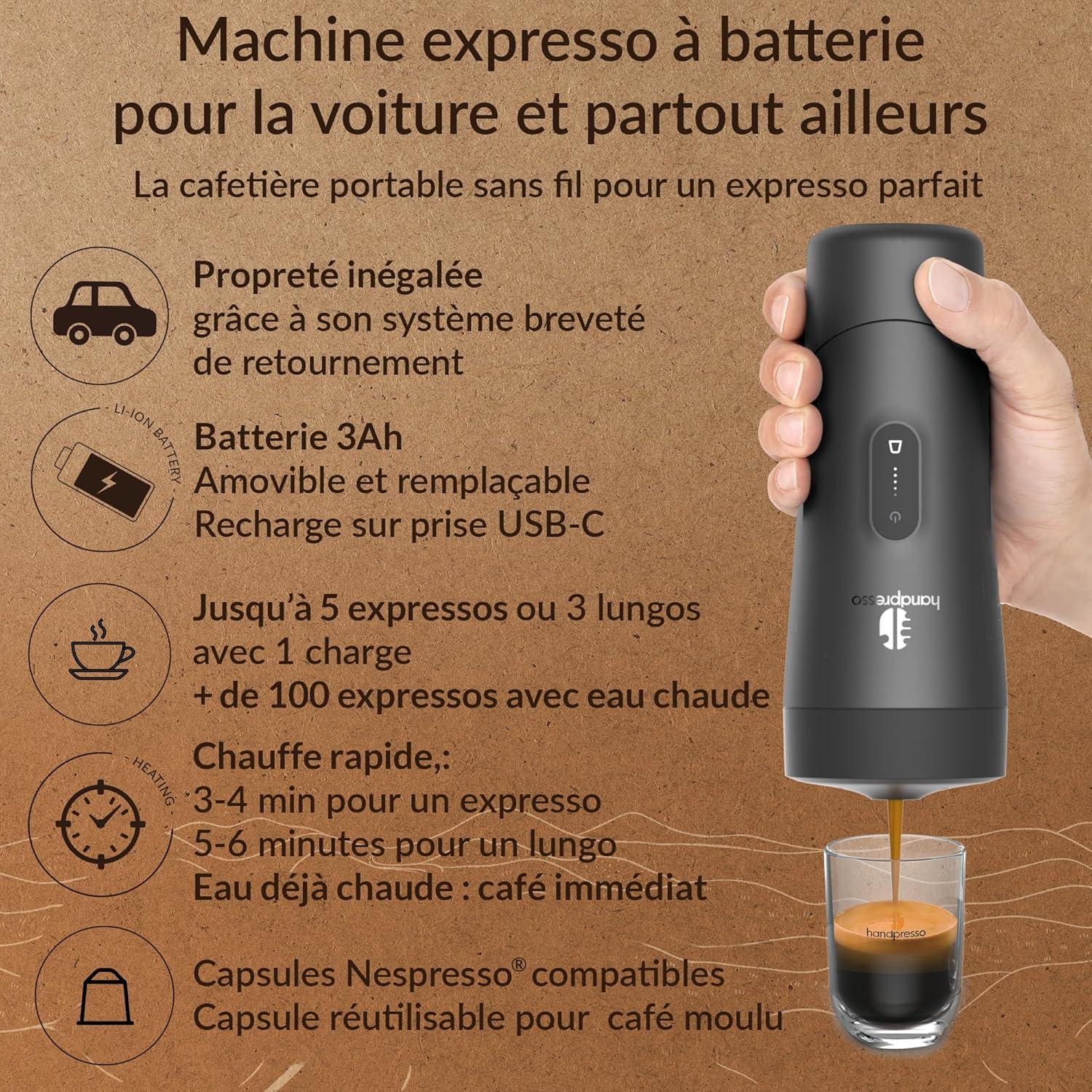 image:imageHandpresso Auto Machine caf expresso portable 19 bars pour voiture et voyage compatible capsule expressocapsule rutilisable Cafetire de voyage compacte sans fil et rechargeable USBC