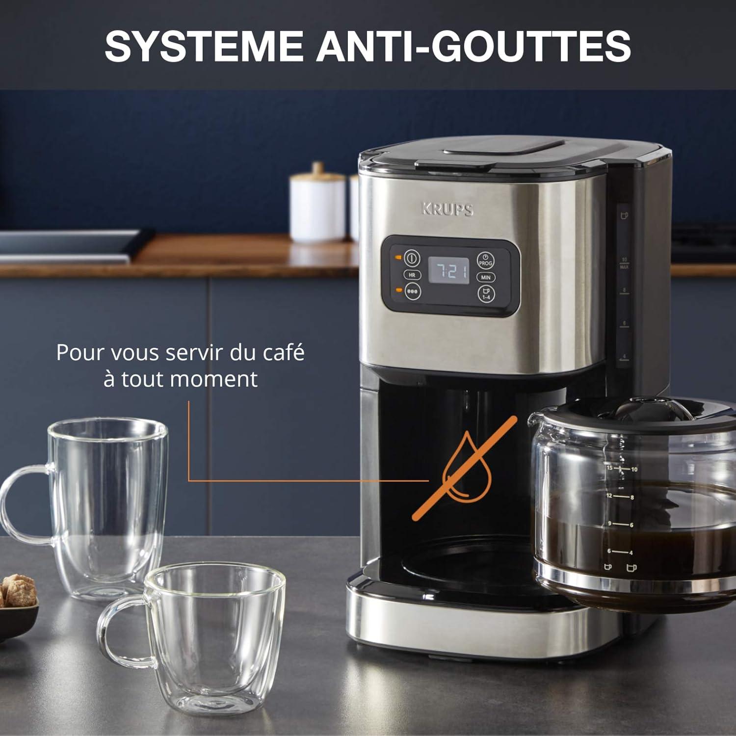 image:imageKrups Cafetire programmable 24h Inox premium 125 L jusqu 15 tasses Rglage intensit Fonction 1 4 tasses pratique Arrt auto aprs 30 min Antigoutte Excellence KM480D10Cafetire