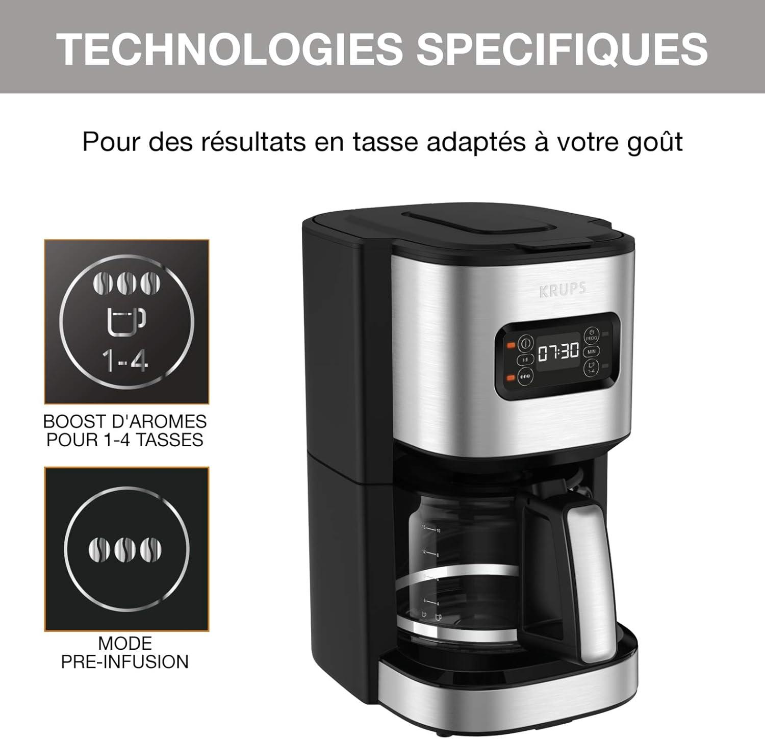 image:imageKrups Cafetire programmable 24h Inox premium 125 L jusqu 15 tasses Rglage intensit Fonction 1 4 tasses pratique Arrt auto aprs 30 min Antigoutte Excellence KM480D10Cafetire