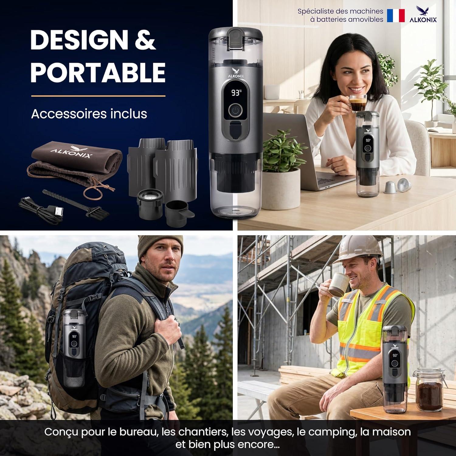 image:imageMachine Caf Portable USBC Cafetire Nomade Espresso Rechargeable avec 2 Batteries Amovibles Compatible Capsules Standards amp Caf Moulu Chauffe Intgre GrisNoir
