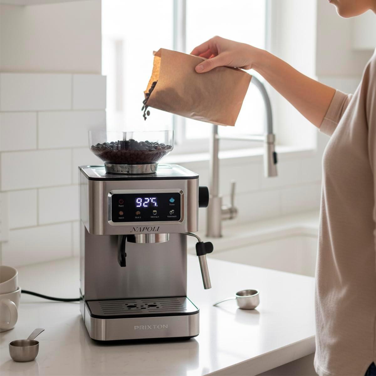 image:imagePrixton Machine Caf Expresso Napoli avec Moulin Intgr 22 niveaux 20 Bars 1350 W Double Filtre Vapeur Rglable Compatible avec les Grains de Caf le Caf Moulu et les Capsules