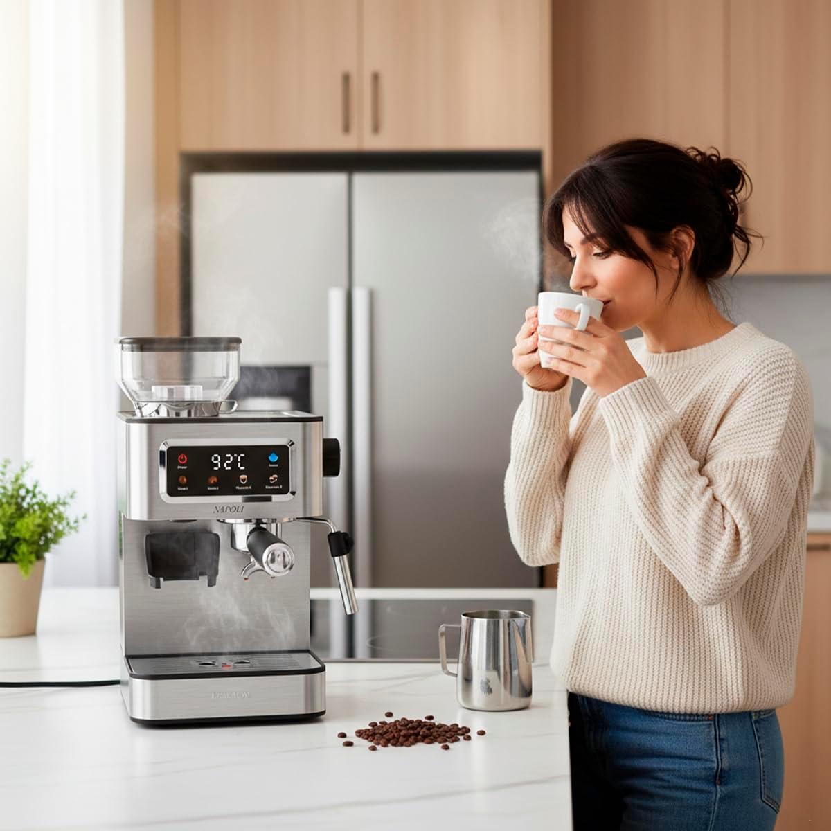 image:imagePrixton Machine Caf Expresso Napoli avec Moulin Intgr 22 niveaux 20 Bars 1350 W Double Filtre Vapeur Rglable Compatible avec les Grains de Caf le Caf Moulu et les Capsules