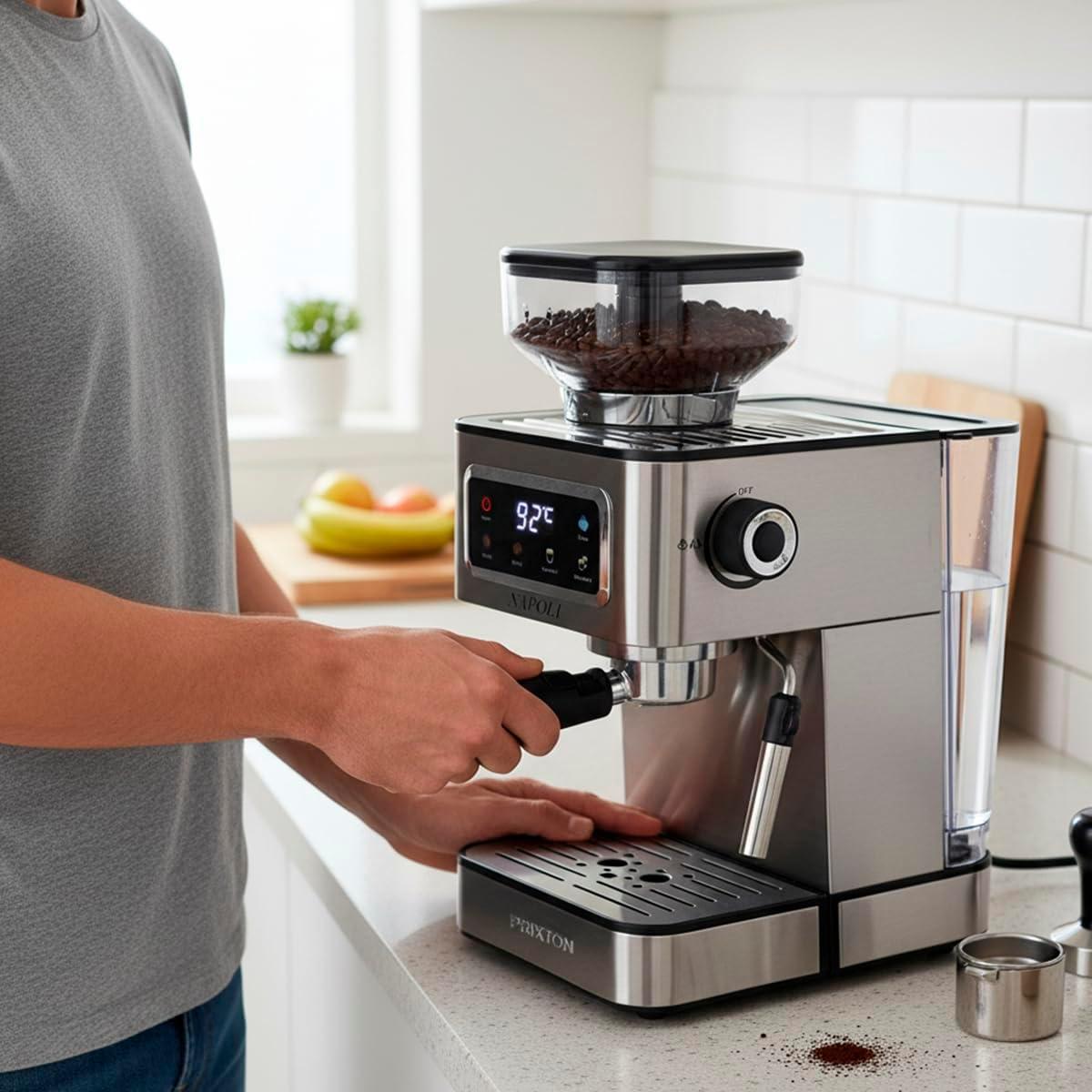 image:imagePrixton Machine Caf Expresso Napoli avec Moulin Intgr 22 niveaux 20 Bars 1350 W Double Filtre Vapeur Rglable Compatible avec les Grains de Caf le Caf Moulu et les Capsules