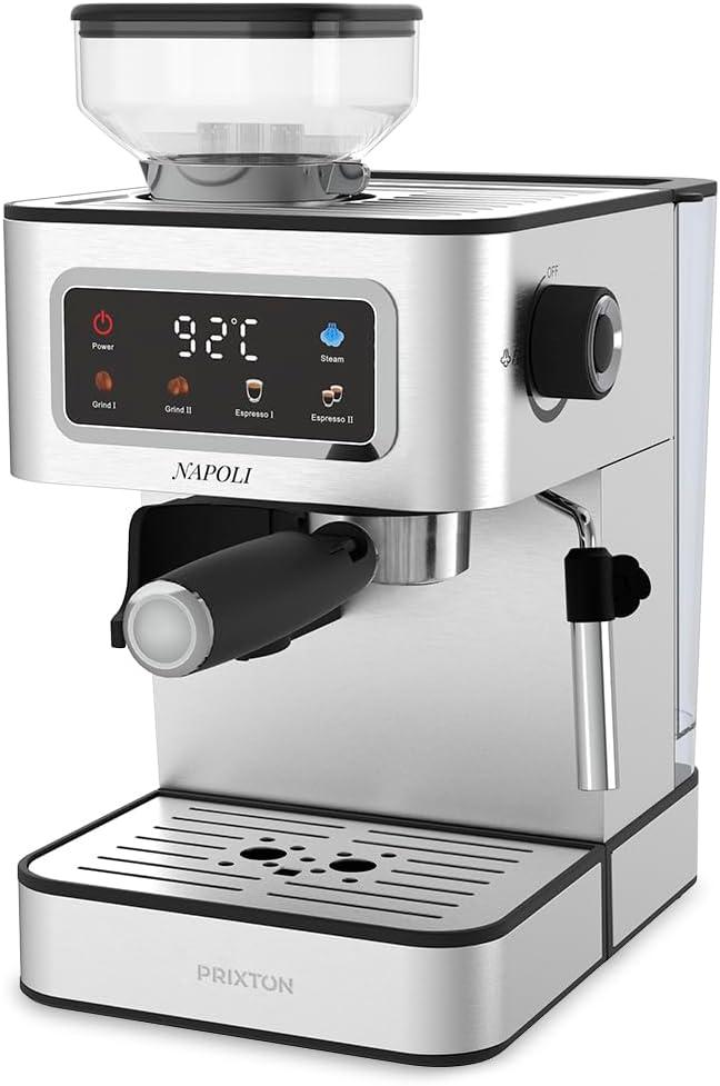 image:imagePrixton Machine Caf Expresso Napoli avec Moulin Intgr 22 niveaux 20 Bars 1350 W Double Filtre Vapeur Rglable Compatible avec les Grains de Caf le Caf Moulu et les Capsules