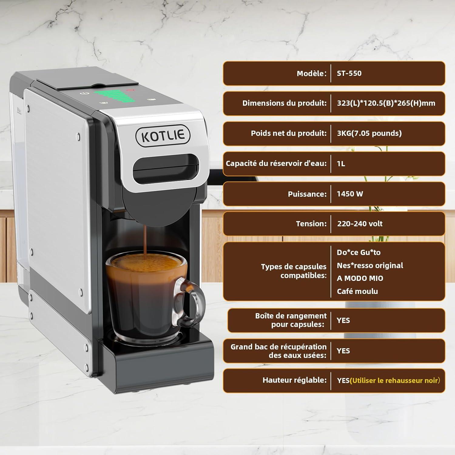image:imageST550 Machine caf capsules multifonction pour Nespresso Originalpour Dolce Gustopour A MODO MIOpour caf moulu sept rglages de volume deau fonction de prinfusion capacit de 1 litreArgent Noir 4 In 1