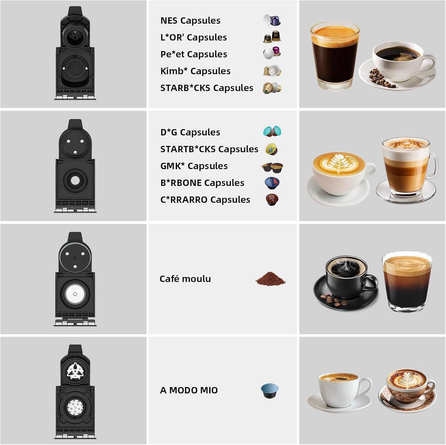 image:imageST550 Machine caf capsules multifonction pour Nespresso Originalpour Dolce Gustopour A MODO MIOpour caf moulu sept rglages de volume deau fonction de prinfusion capacit de 1 litreArgent Noir 4 In 1