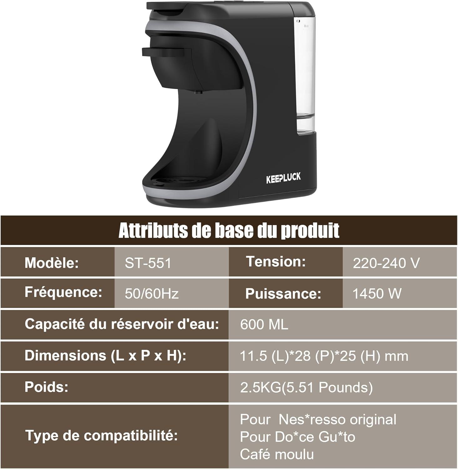 image:imageST551 Machine caf 3 en 1 pour Nespresso Originalpour Dolce Gusto et le caf moulu rservoir deau dune capacit de 600 ml