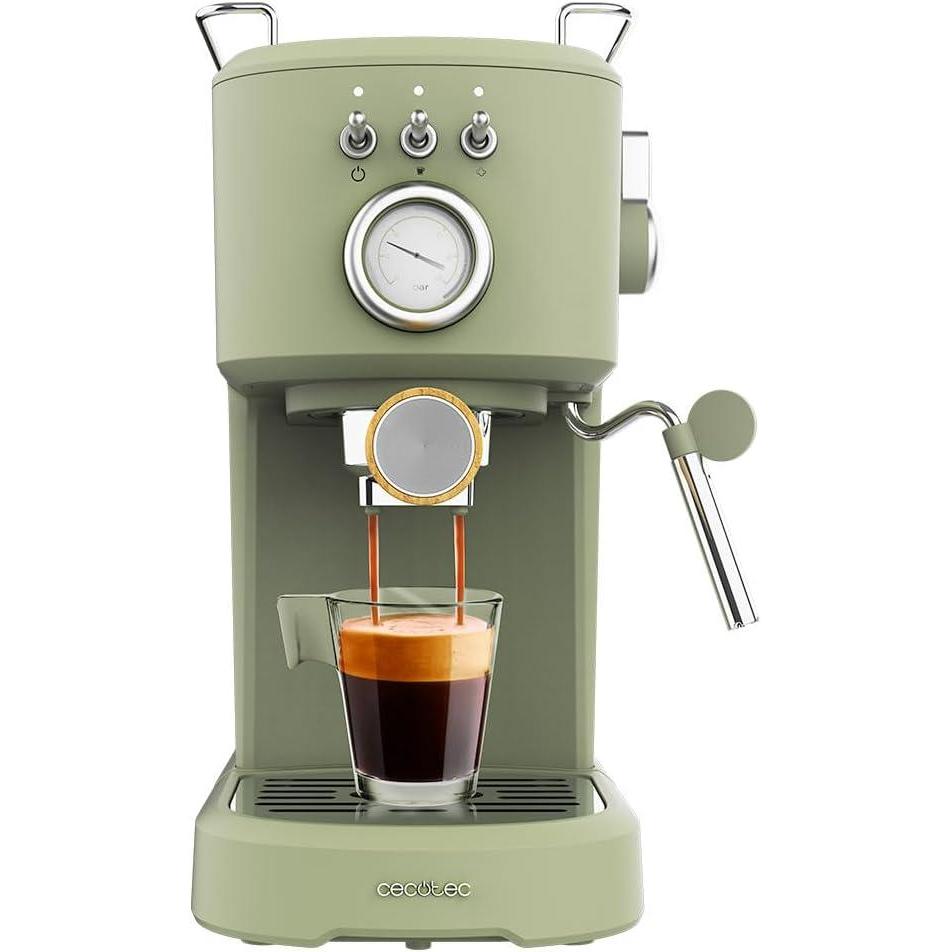 image:imageCecotec Cafetire espresso compacte Power Espresso 20 Retro Green 1100 W 20 Bars Systme Thermoblock Buse orientable Portefiltre avec double sortie et 2 filtres 125 litreVert