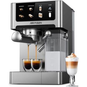 AIRMSEN Machine à Espresso 20 Bar – Cappuccino & Latte Cafetière, Machine a Cafe Double Chaudière (1350W & 1000W), Extraction en 15s, Acier Inoxydable, Amovible Réservoir d&rsquo;Eau 1,8L, Écran Tactile(Mousseur à Lait Automatique)